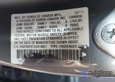 2012 Honda Civic Hf from USA, damaged, VIN 2HGFB2F61CH316827